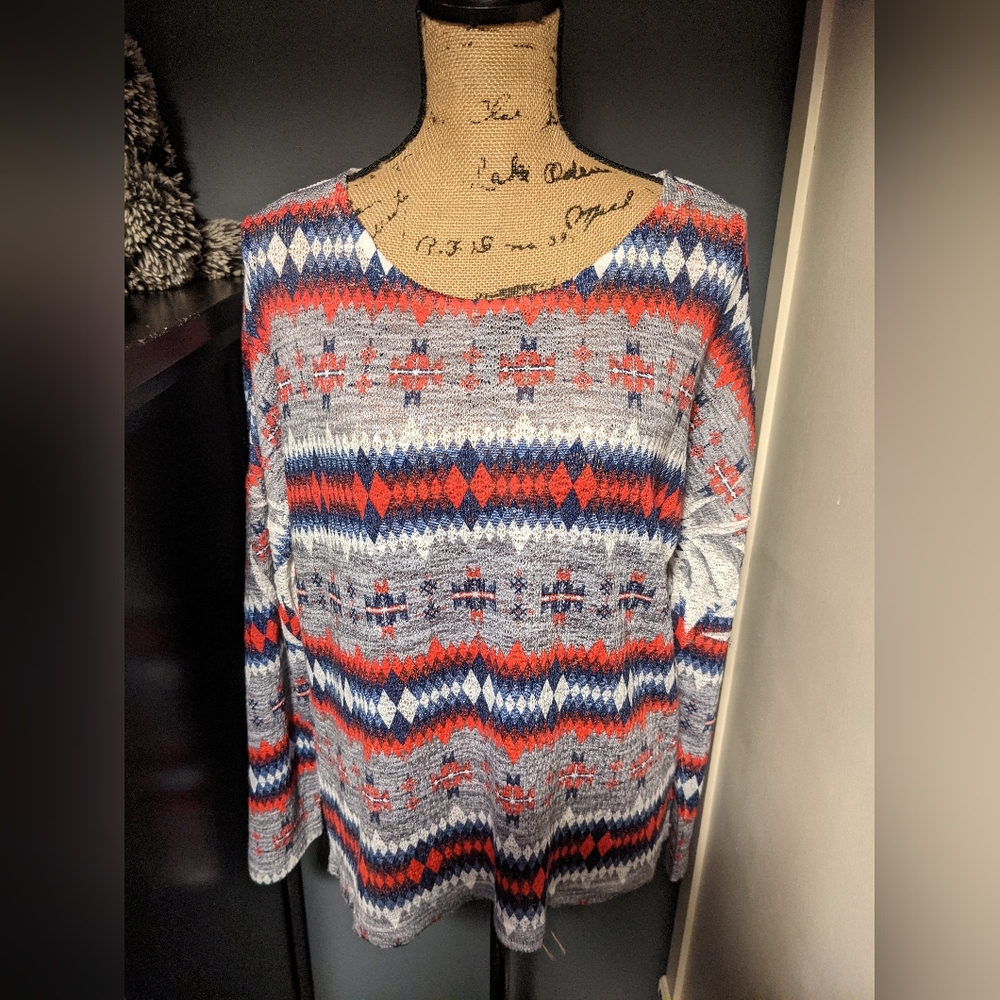 No Boundaries, Blue, Red & Gray, Aztec Print, Knit Sweater, Women's size Medium